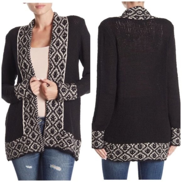 Lucky Brand Sweaters - Lucky Brand Border Print Cardigan Sweater Black boho Medium